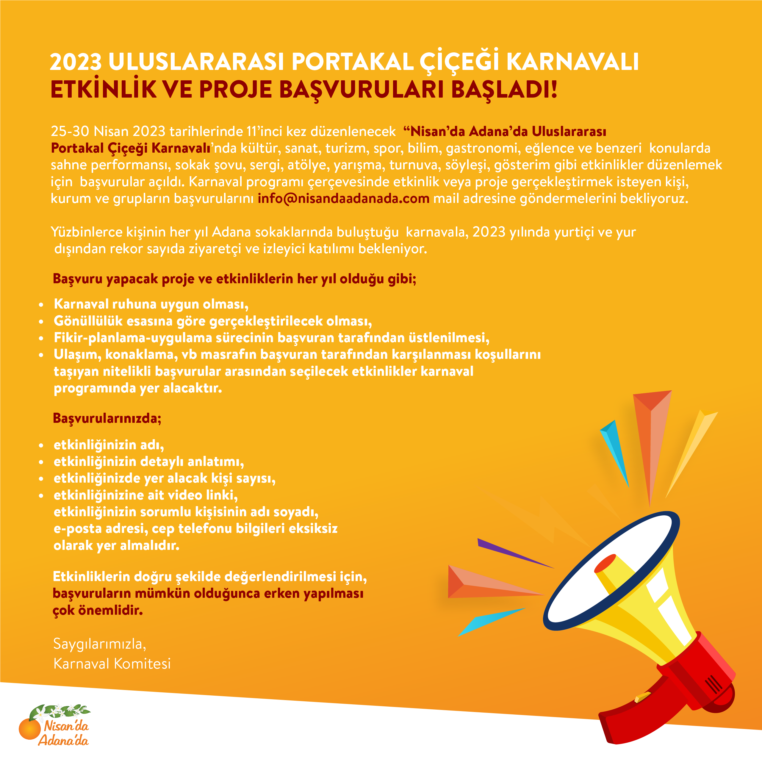 2023 Portakal Uluslararası Portakal Çiçeği Karnavalı Etkinlik ve Proje Başvurları Başladı